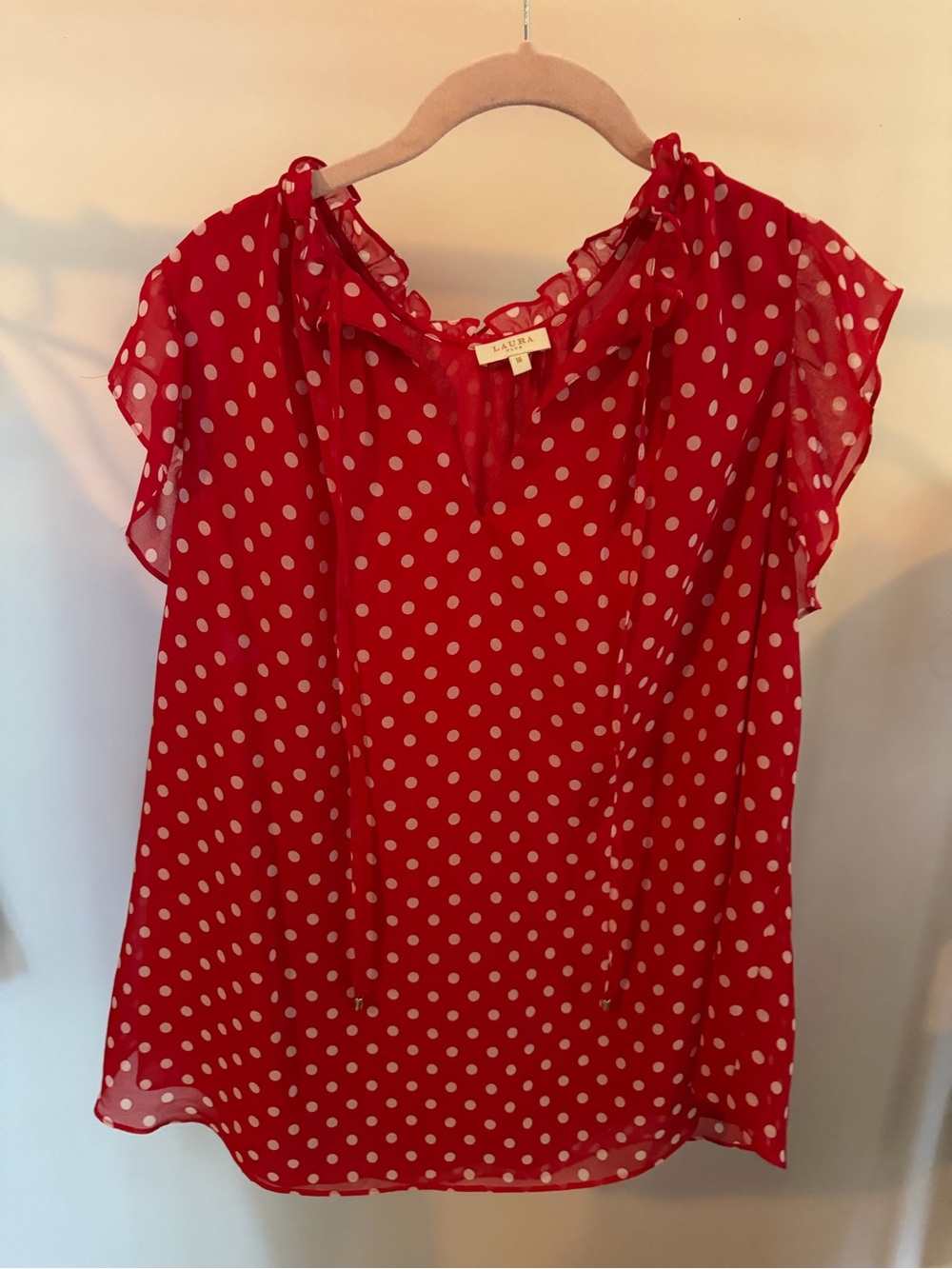 Laura Red Polka Dot Tie-Detail Blouse with Flutter Sleeves - Size 16 - Picture 3 of 6